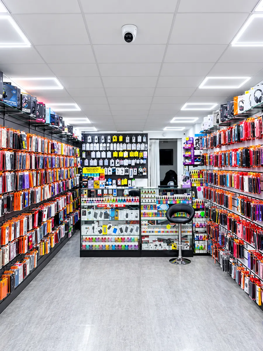 Inside Phone Store with phone cases and accessories on the walls